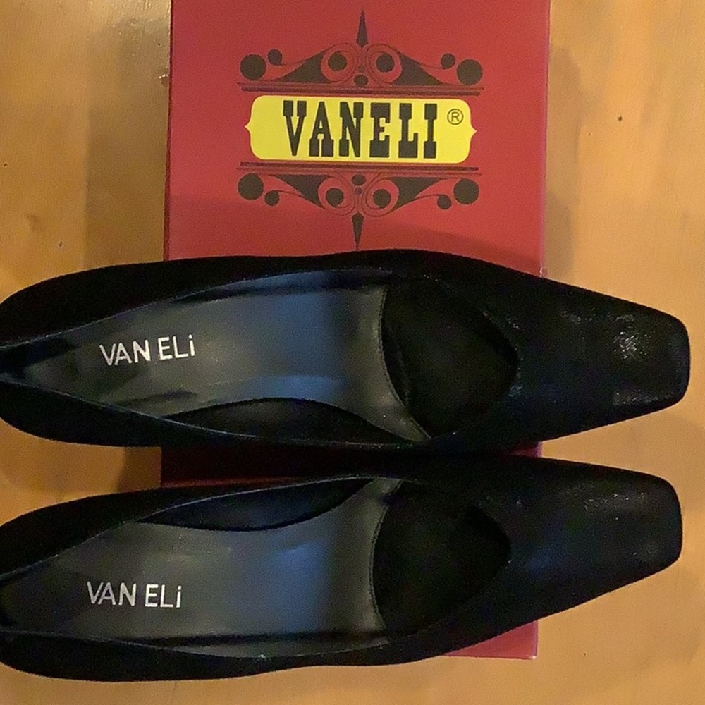 Vaneli black dressy suede wedge shoe. Size 9.5 medium. Excellent condition.